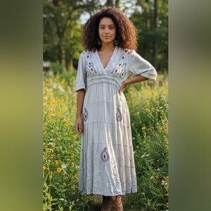 Young Threads NWT Silver and Red Embroidered Boho Maxi Dress